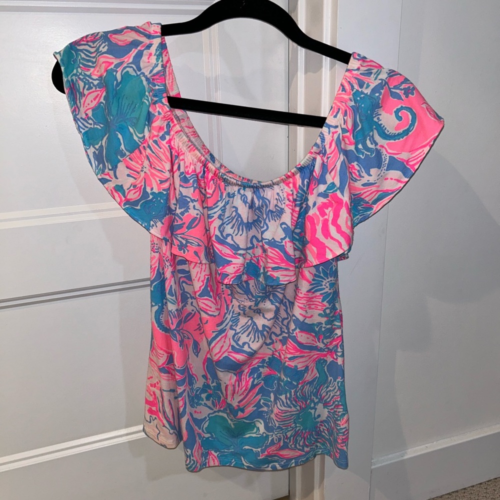 Lilly Pulitzer off the shoulder shirt. Cute bright colors.